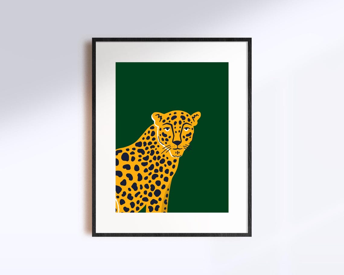 Golden Yellow Leopard on Emerald Green Modern Animal Art Poster - Image 4