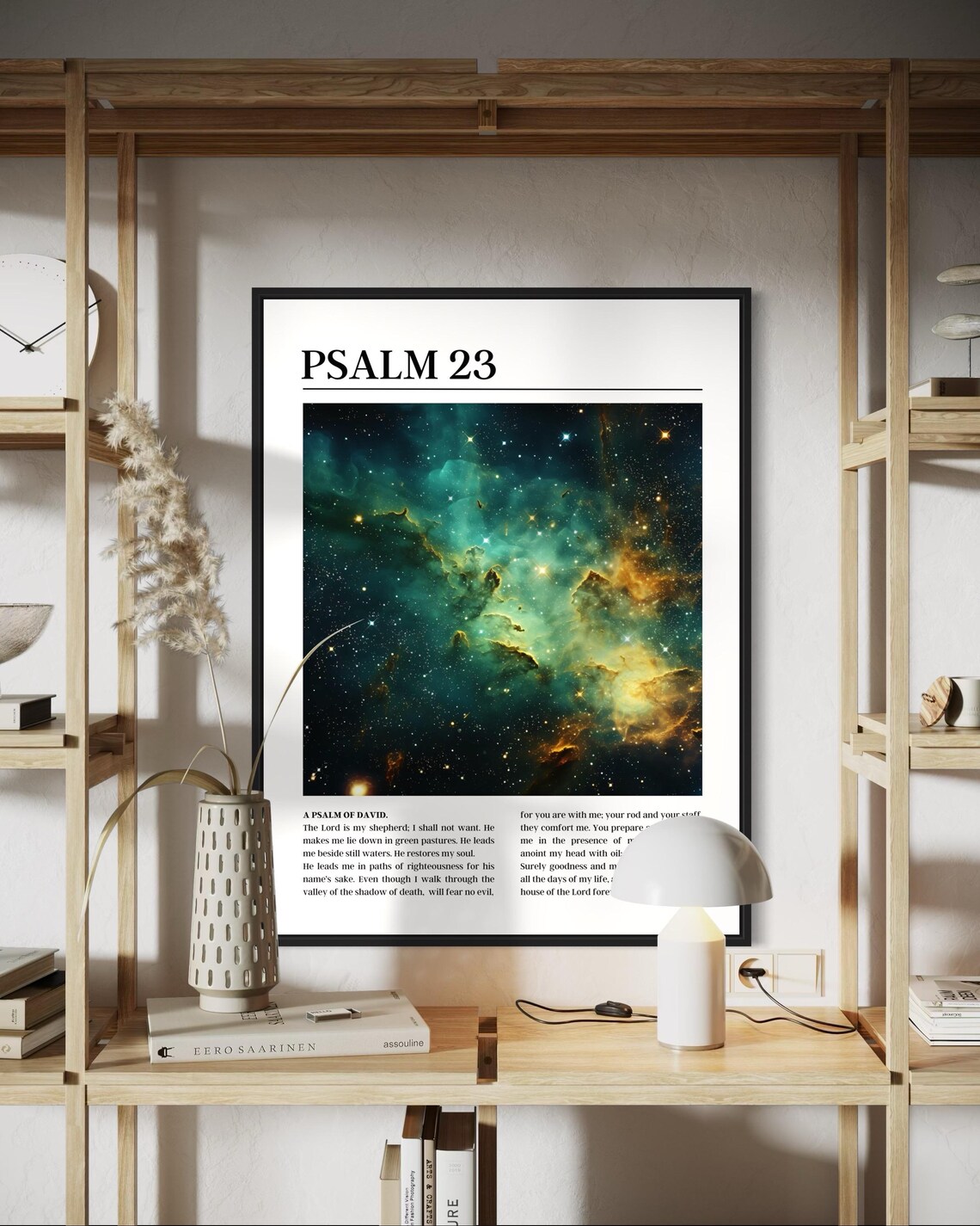 Psalm 23 Bible Verse Poster with Green and Gold Galaxy Nebula Image - Image 6