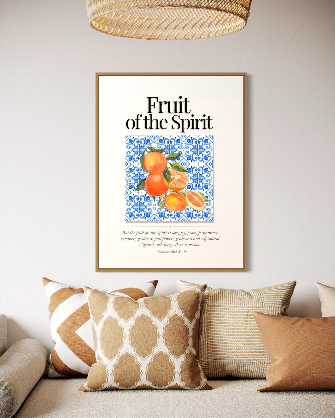Fruit of the Spirit Citrus and Blue Tile Bible Verse Poster on Cream