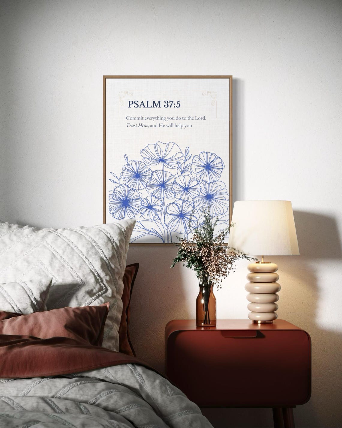 Blue Floral Psalm 375 Wall Art Commit Everything To The Lord Wall Art Minimal Christian Art Christian Floral Wall Art Scripture Print - Image 2