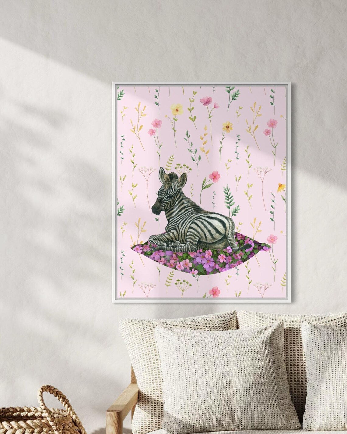 Baby Zebra Foal Resting on Pink Floral Bed Nursery Animal Poster - Image 6