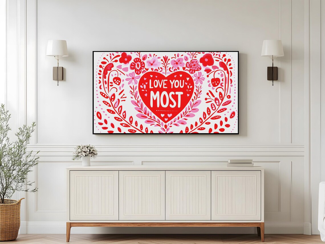 Love You Most Red Heart Folk Floral Valentine Decor Romantic Wall Art - Image 4