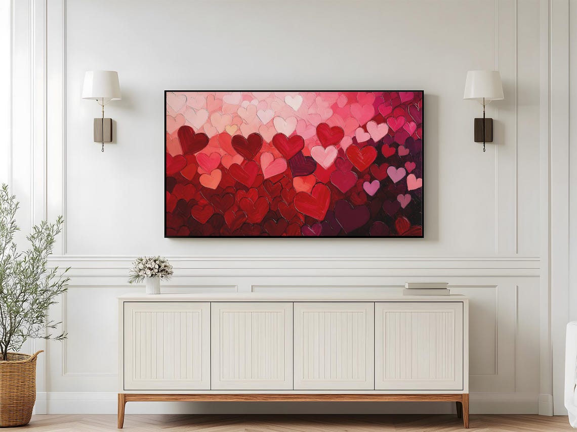 Red Pink Hearts Impasto Oil Painting Textured Romantic Modern Wall Art - Image 4
