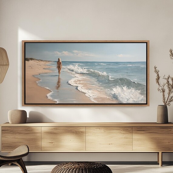 Woman Walking Beach Shoreline Ocean Waves Photographic Wall Art