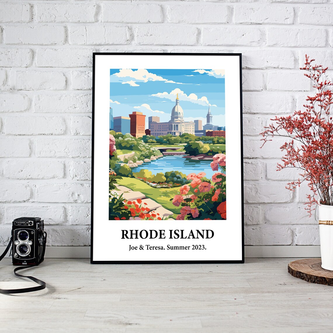 Rhode Island Capitol Dome River Garden Vintage Style Travel Poster