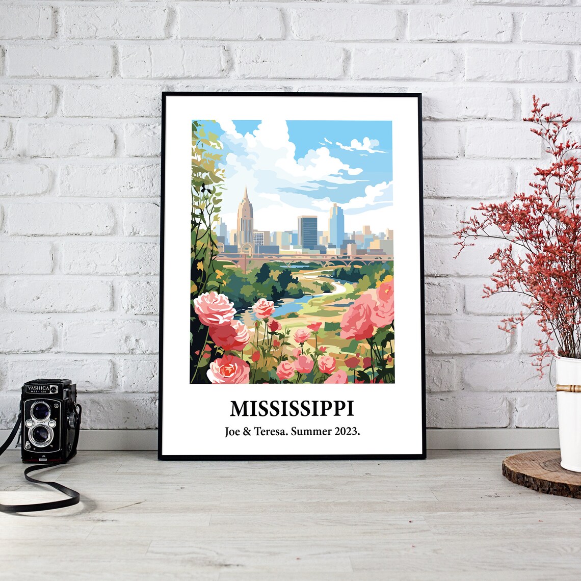 Mississippi Skyline Roses River Vintage Style Travel Art Poster