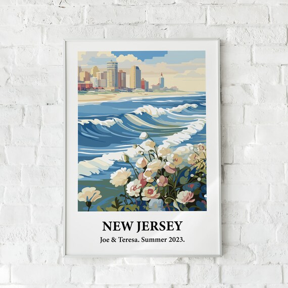 New Jersey Ocean Waves Beach Skyline Vintage Style Travel Art Poster
