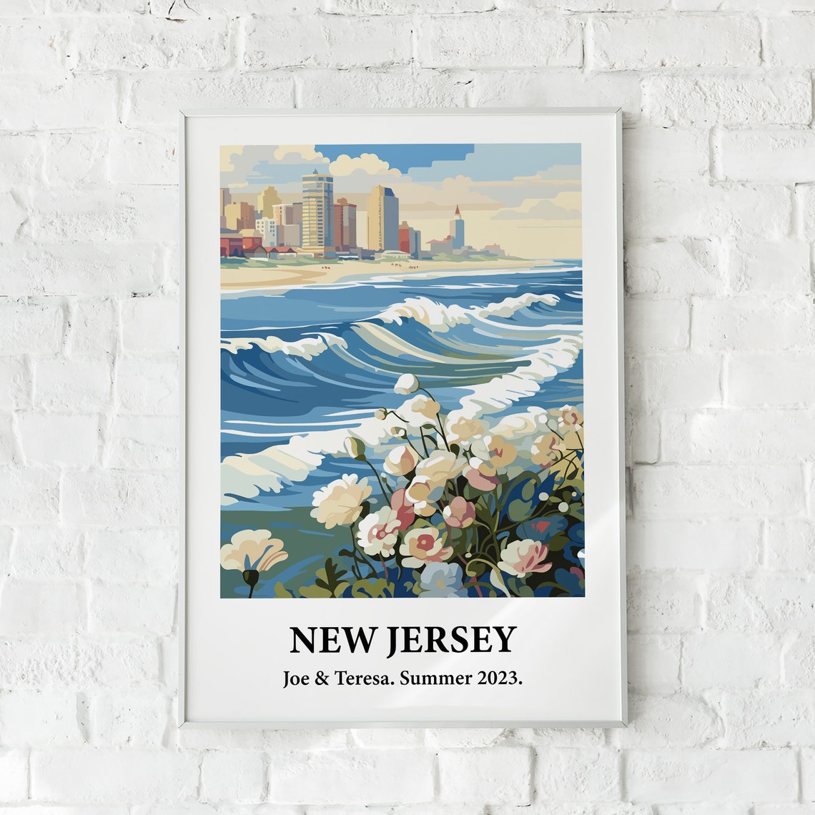 New Jersey Ocean Waves Beach Skyline Vintage Style Travel Art Poster