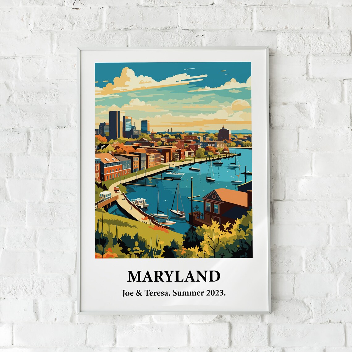 Maryland Harbor Sailboats Skyline Vintage Style Travel Art Poster