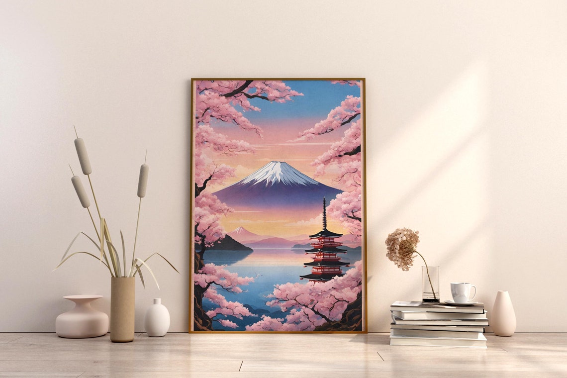 Mount Fuji Cherry Blossom Pagoda Lake Sunrise Japan Travel Poster
