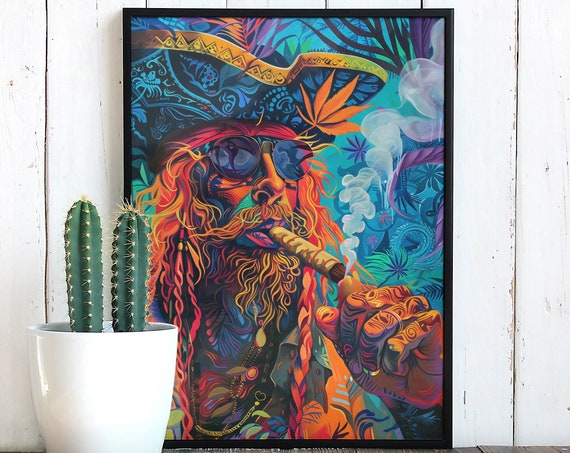 Preppy Caribbean Pirate Portrait Wall Art Vibrant Pop Art Aesthetic Bold Colorful Contemporary Home Decor