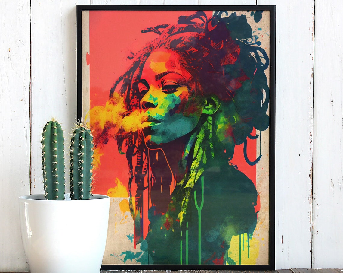 Jamaican Women Portrait Acrylic Style Wall Art Abstract Art Bold Collage Instant Rastafari Style Dreadlocks