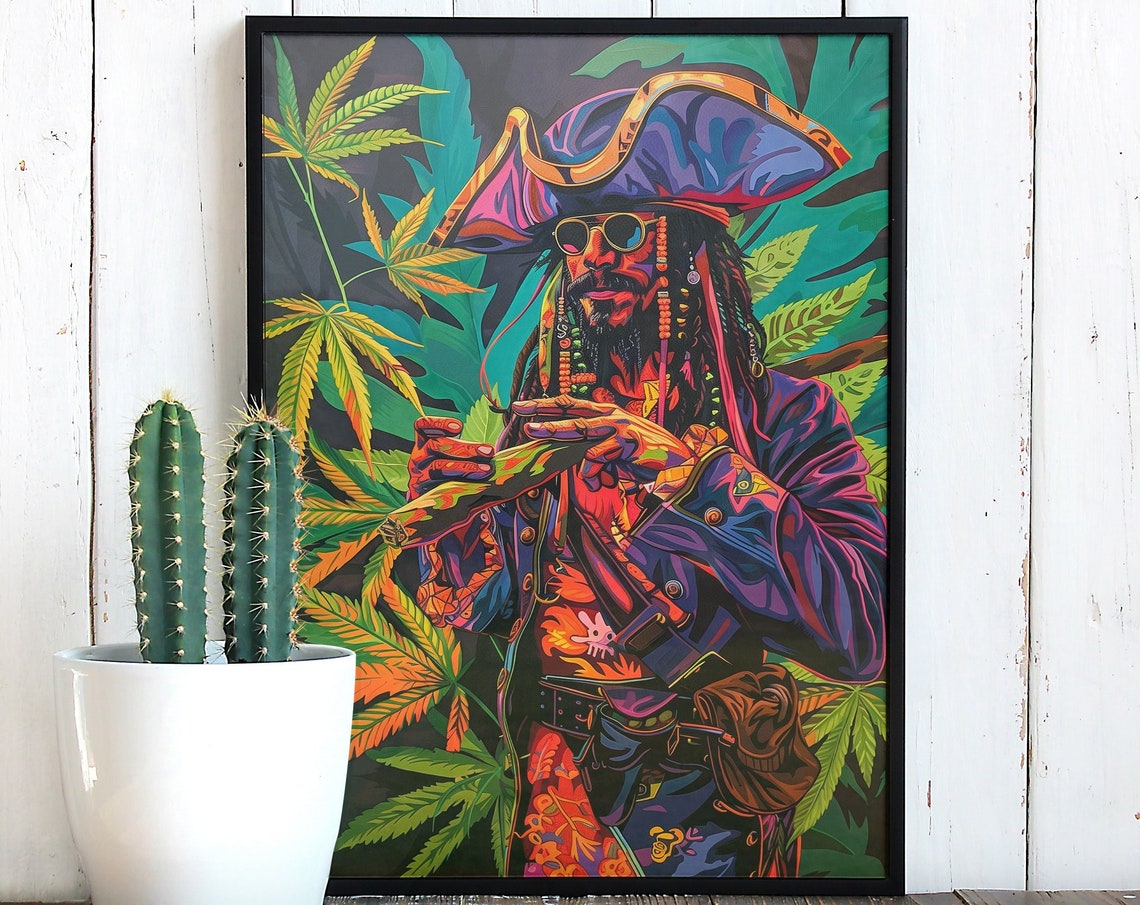 Cannabis Pirate Rolling Blunt Tropical Leaves Colorful Pop Art Poster