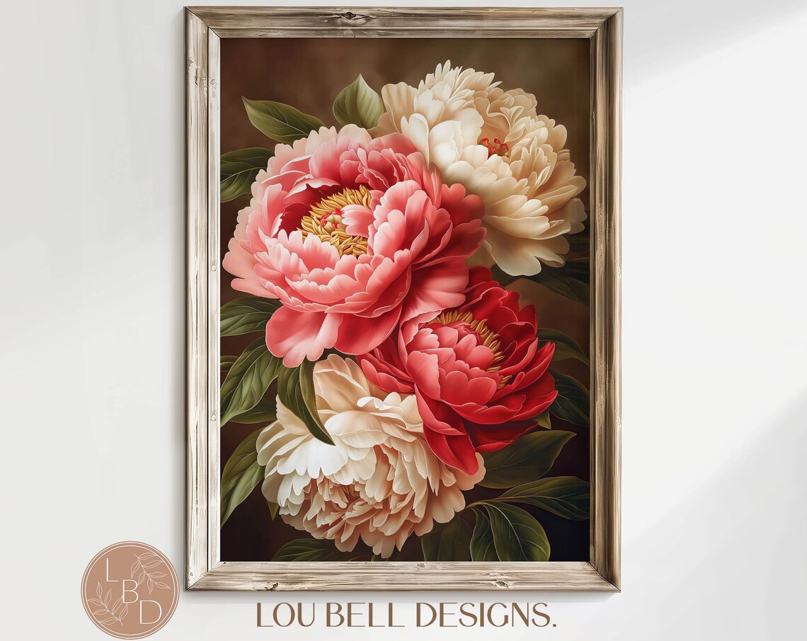 Pink Red Cream Peonies Dark Brown Background Botanical Floral Poster