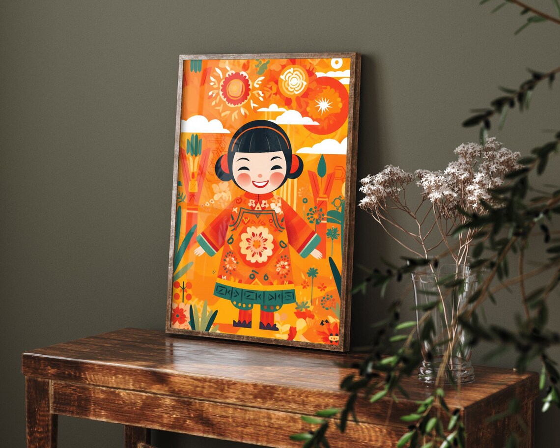 Happy Chinese Girl in Red Folk Dress With Sunflower Garden Art Poster