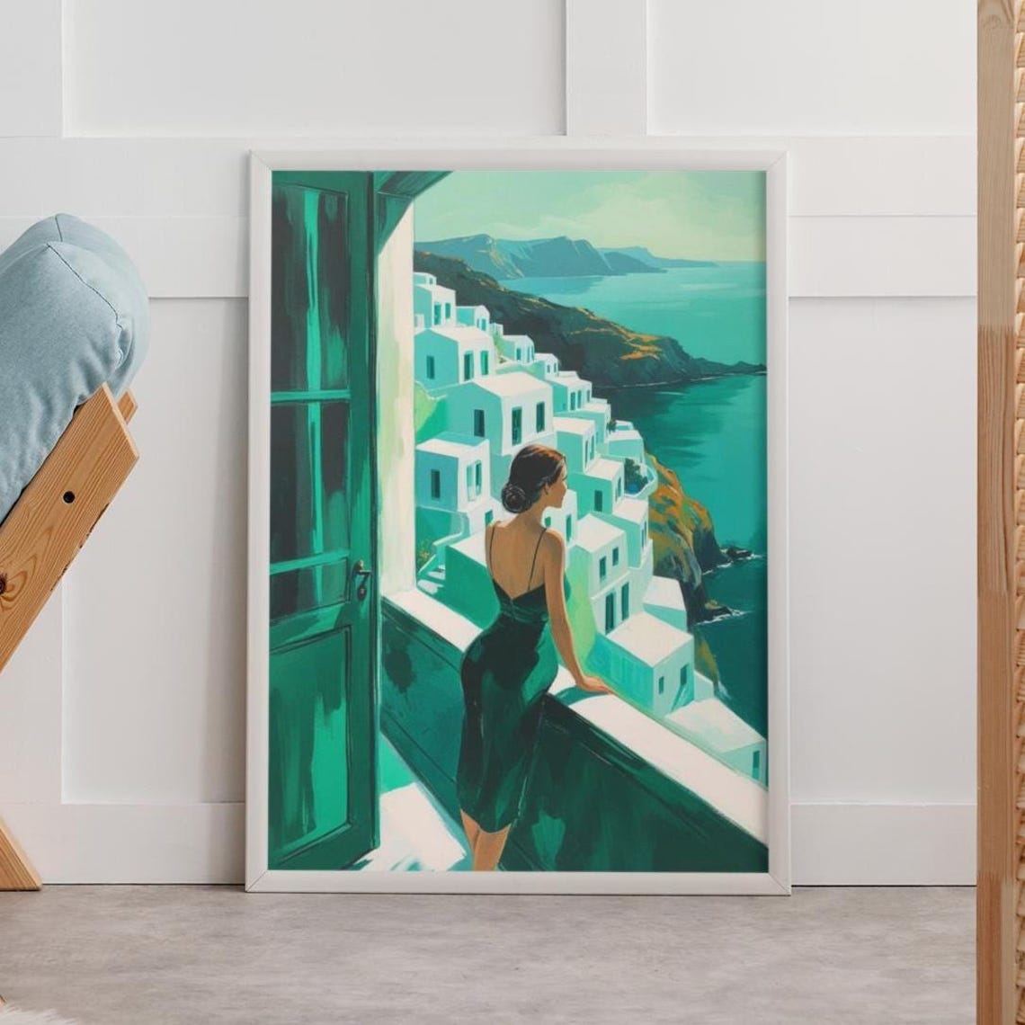 Santorini Greece Balcony Overlook Turquoise Coast Travel Poster