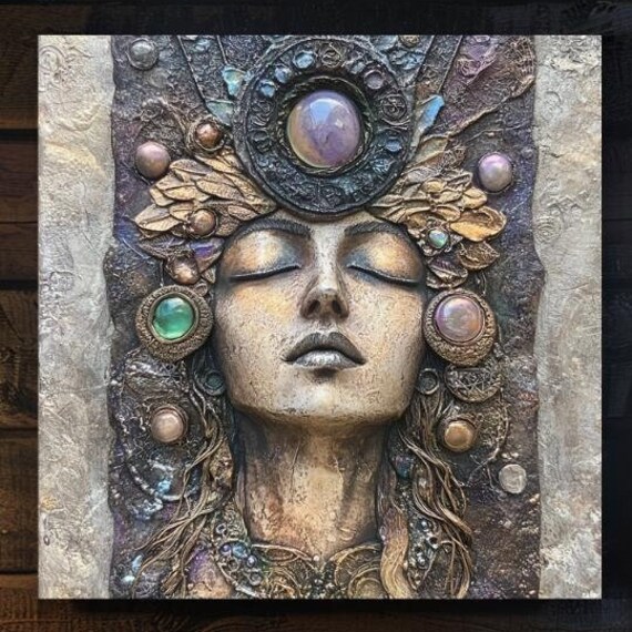 Gemstone Goddess Relief Face with Crystal Headdress Mystic Art Poster