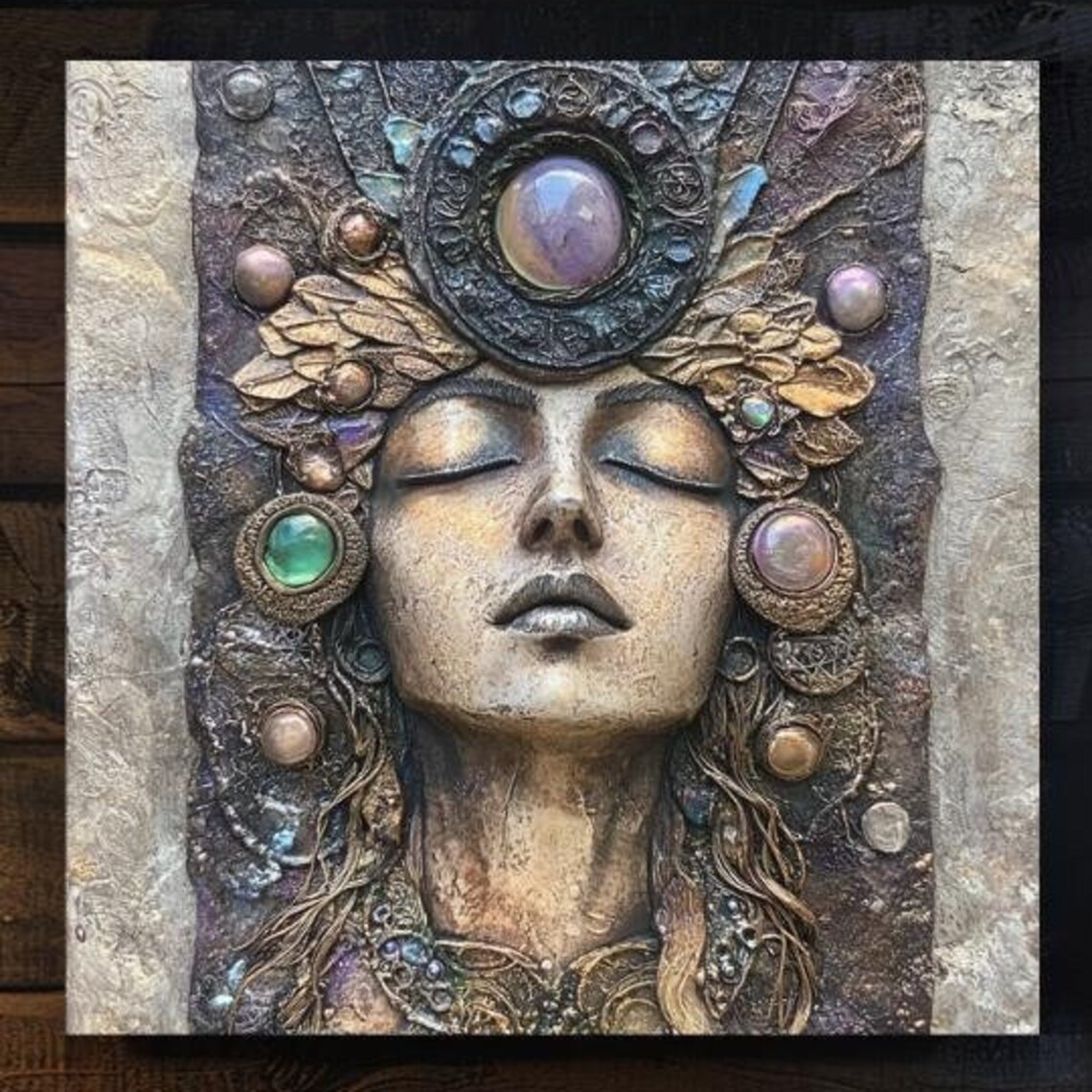 Gemstone Goddess Relief Face with Crystal Headdress Mystic Art Poster