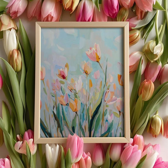 Pastel Tulip Wall Art Print Abstract Floral Painting Spring Flowers Artwork Botanical Illustration Colorful Flower Decor Modern Home