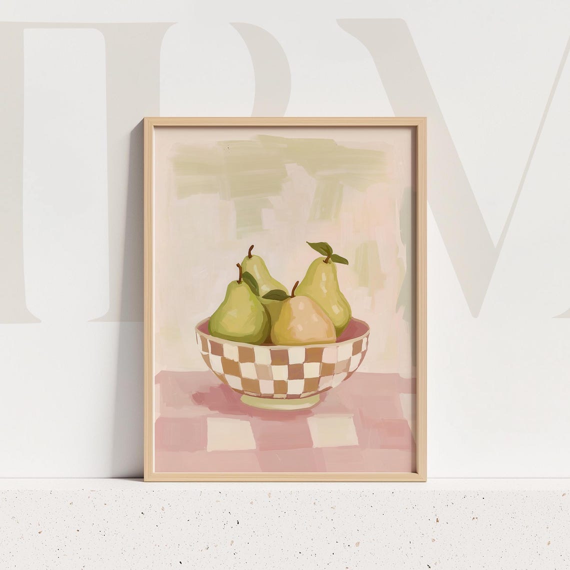 Green Pears in Checkered Bowl Soft Pink Still Life Painting Poster