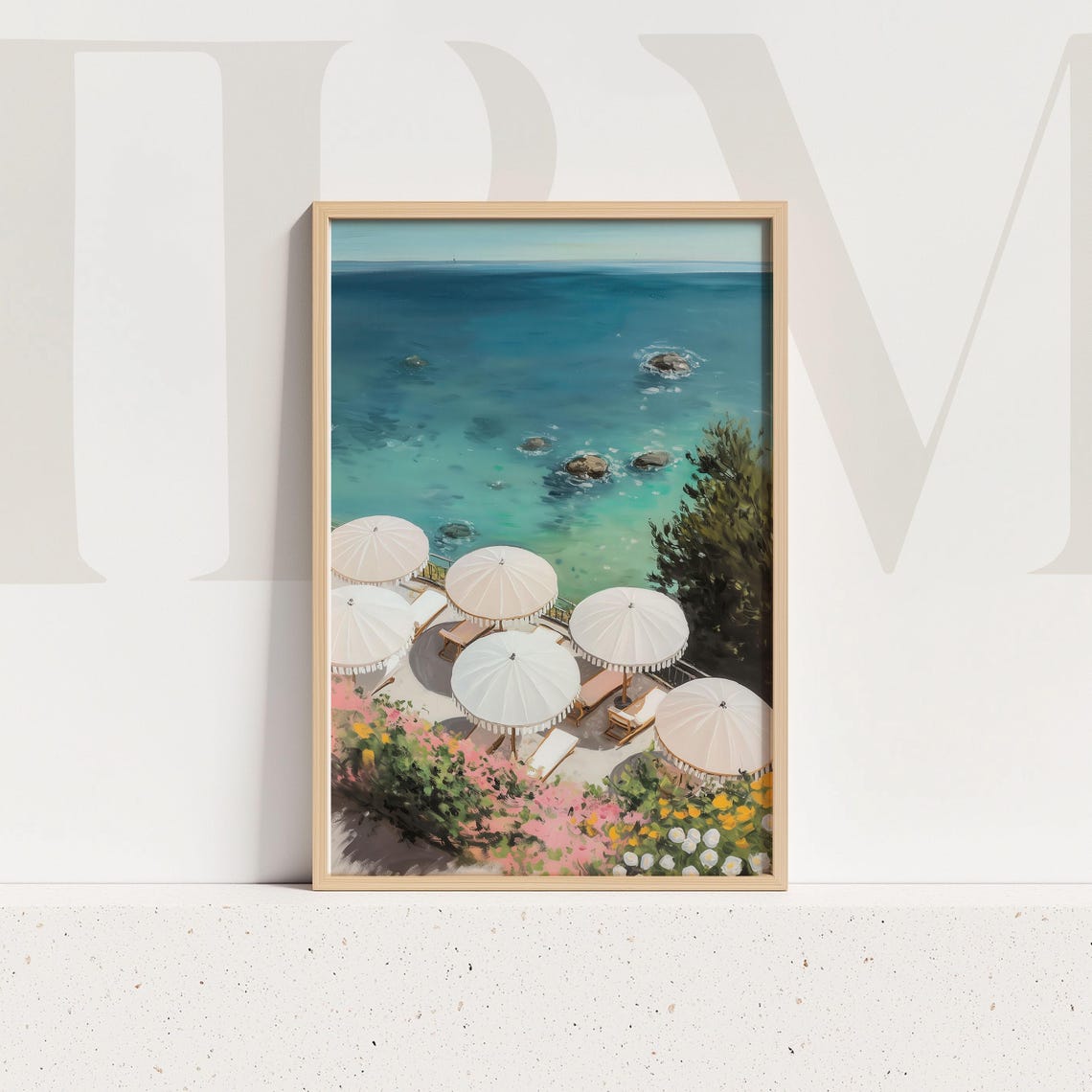 Mediterranean Turquoise Seaside Terrace White Umbrellas Ocean Print