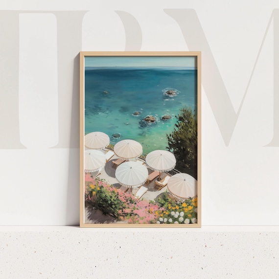 Mediterranean Turquoise Seaside Terrace White Umbrellas Ocean Print