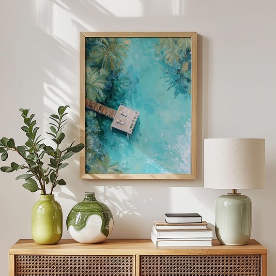 Tropical Dock Aerial View Turquoise Ocean Wooden Pier Coastal Art Print