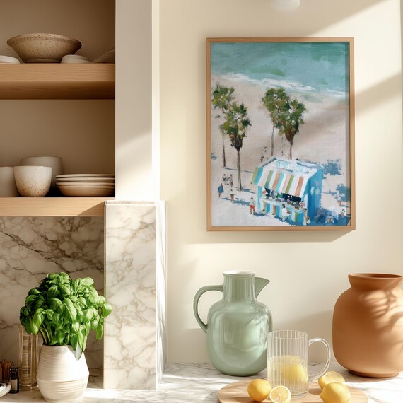 Tropical Beach Stand Striped Hut Palm Trees Coastal Art Poster