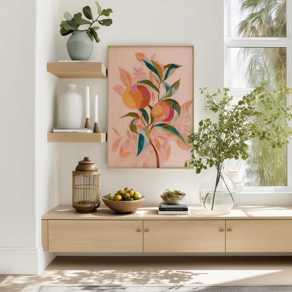 Orange Citrus Art Print Kitchen Painting Botanical Illustration Orchard Fruit Pastel Peach Seasonal Decor