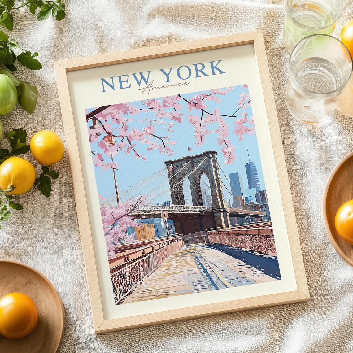 New York America Brooklyn Bridge Cherry Blossom Travel Poster - Image 4