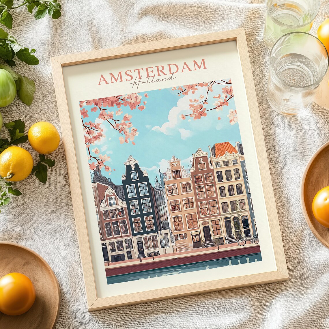 Vintage Amsterdam Holland Canal Houses Cherry Blossom Travel Poster - Image 4
