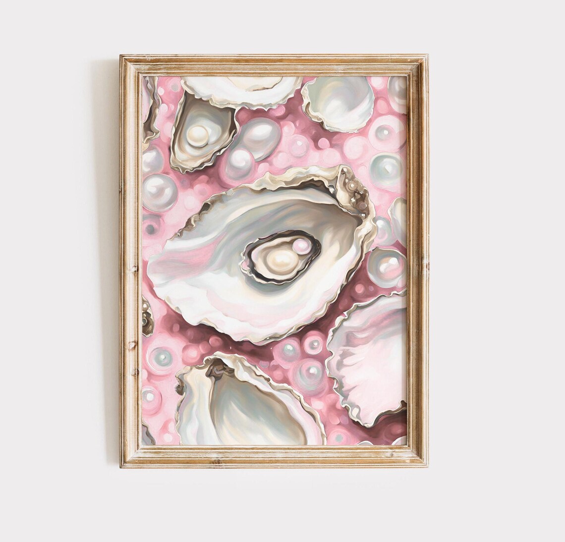 Pink Oyster Shells With Pearls Poster Coastal Watercolor Beach Chic Decor