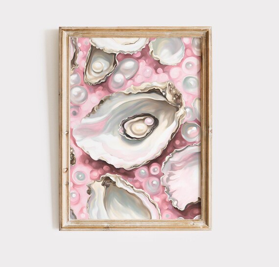 Pink Oyster Shells With Pearls Poster Coastal Watercolor Beach Chic Decor