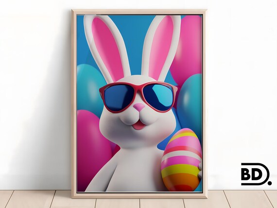 Easter Bunny in Sunglasses Egg Balloons Cute 3D Animal Poster
