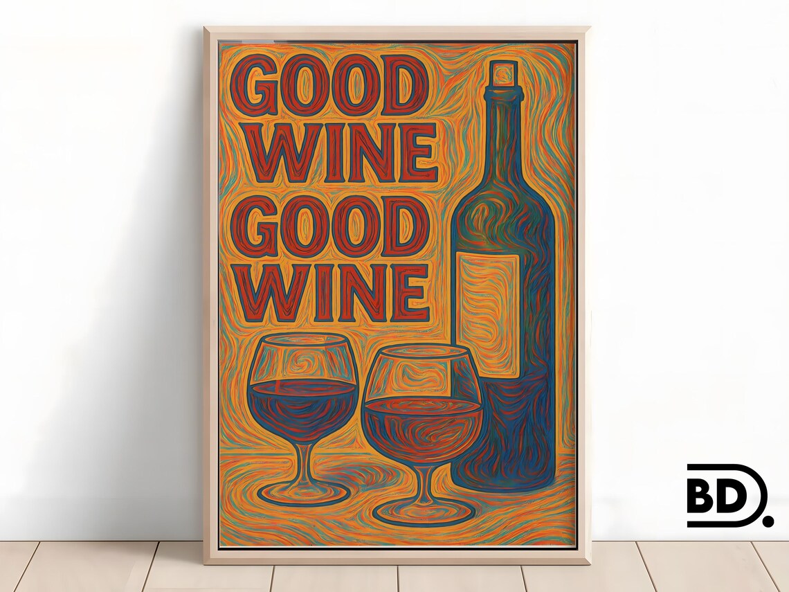 Good Wine Retro Lettering Poster With Bottle And Glasses Swirly Style