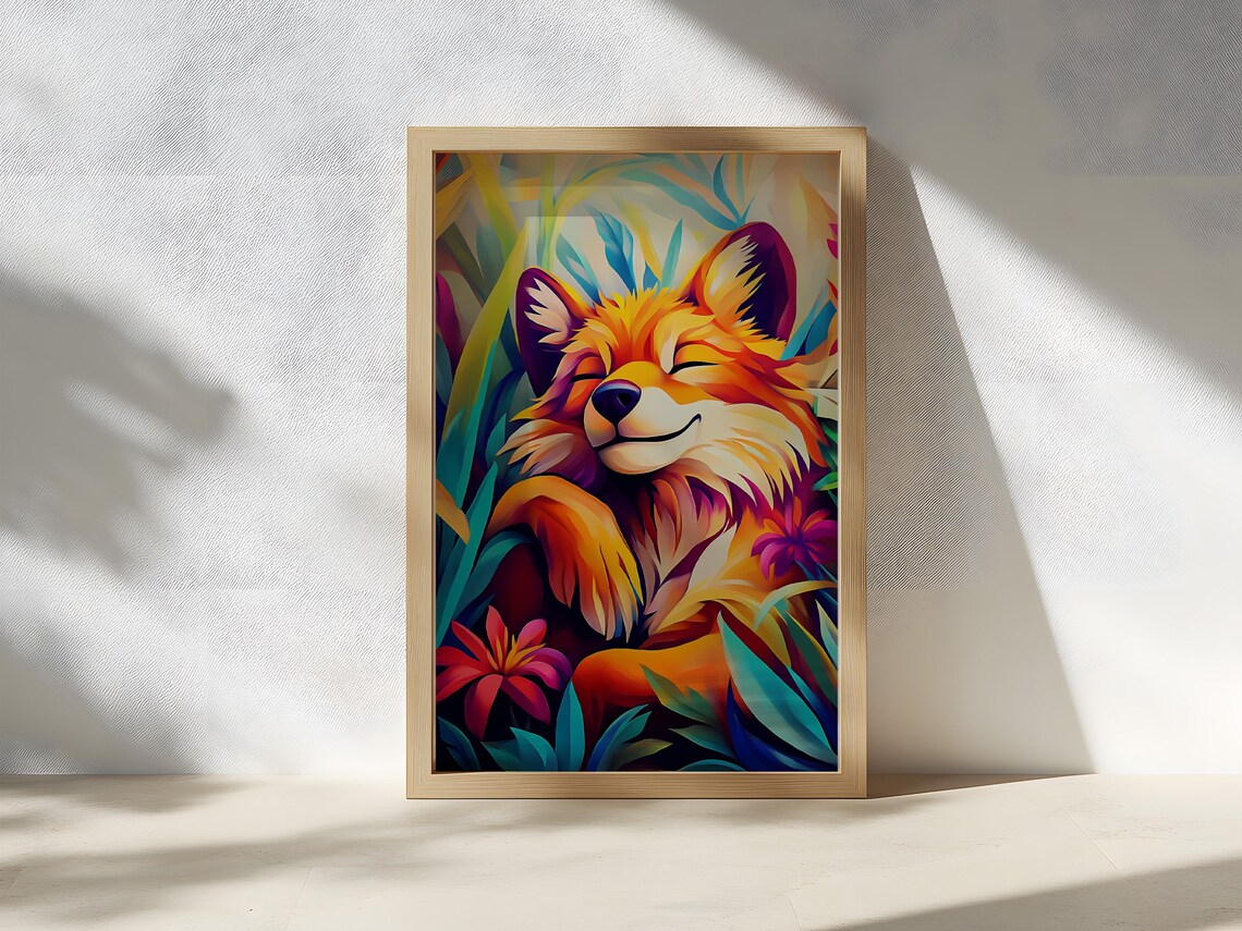 Smiling Orange Fox in a Warm Sunset Flower Jungle Animal Poster - Image 3