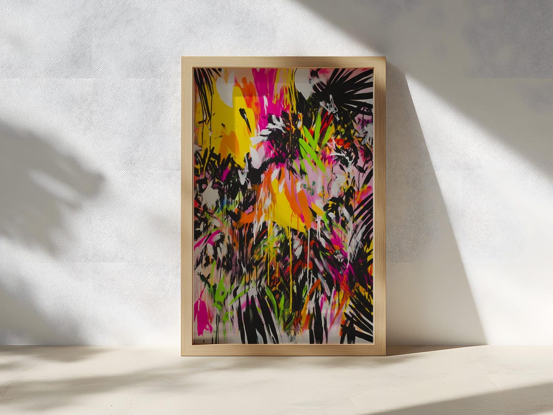 Neon Graffiti Jungle Painting Bold Abstract Wild Foliage Art Vibrant Palm Trees Paint Splatter Urban Expressionist Wall Decor - Image 2