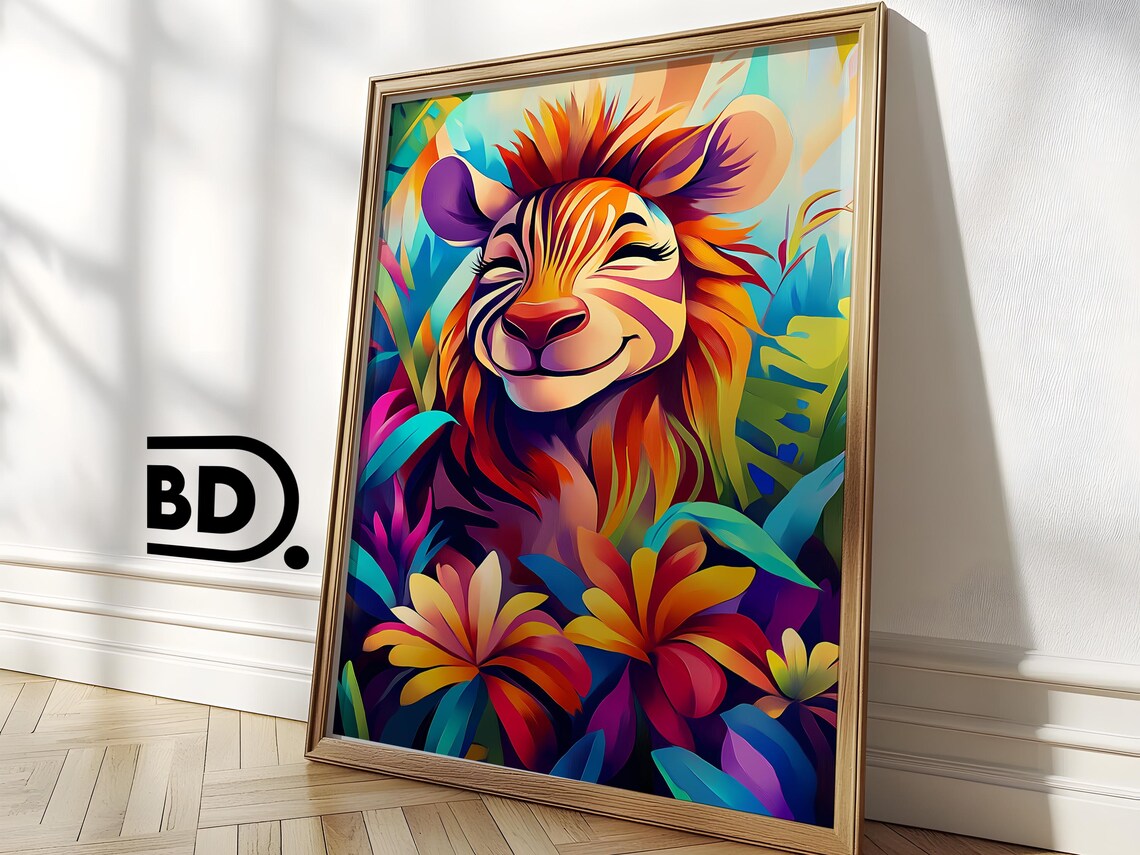 Smiling Zebra Portrait in a Bright Tropical Flower Jungle Poster - Image 2