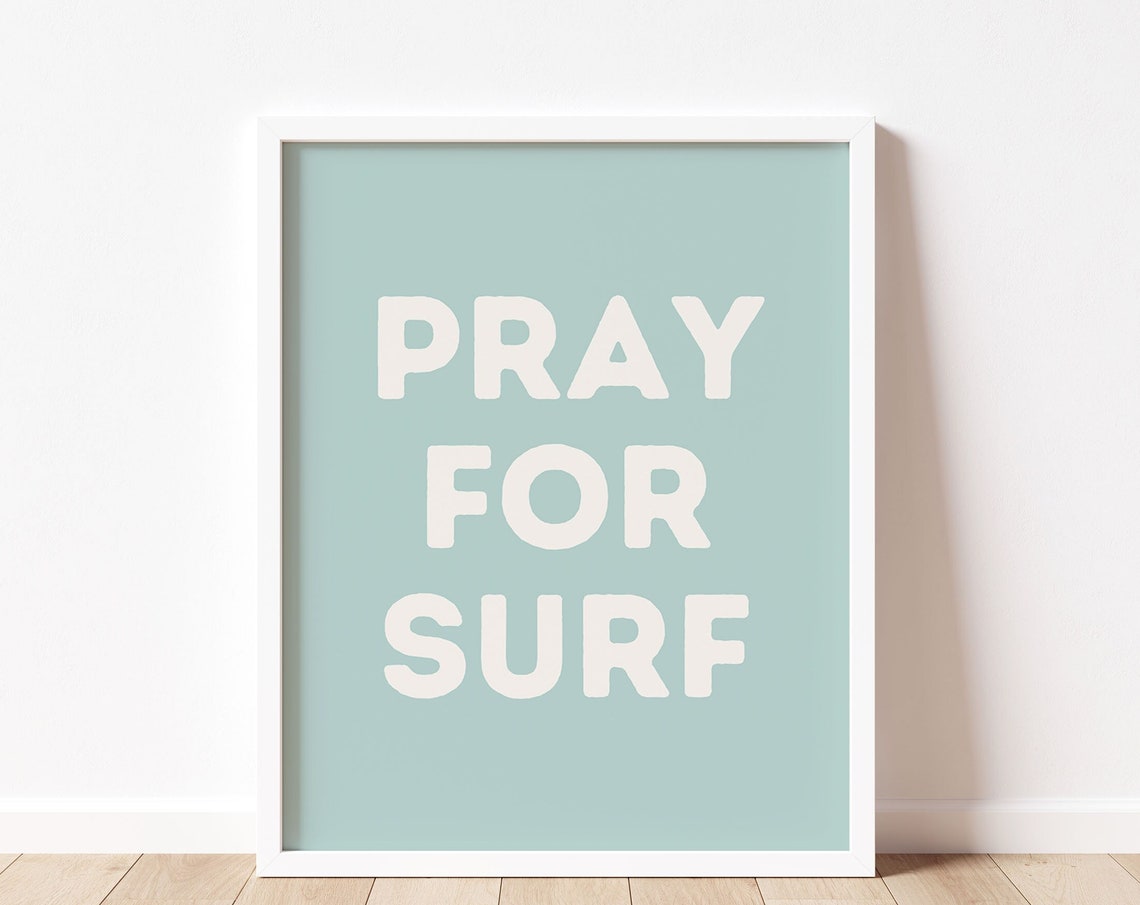 Pray for Surf Cream Block Letters on Teal Framed Poster for Boys Room