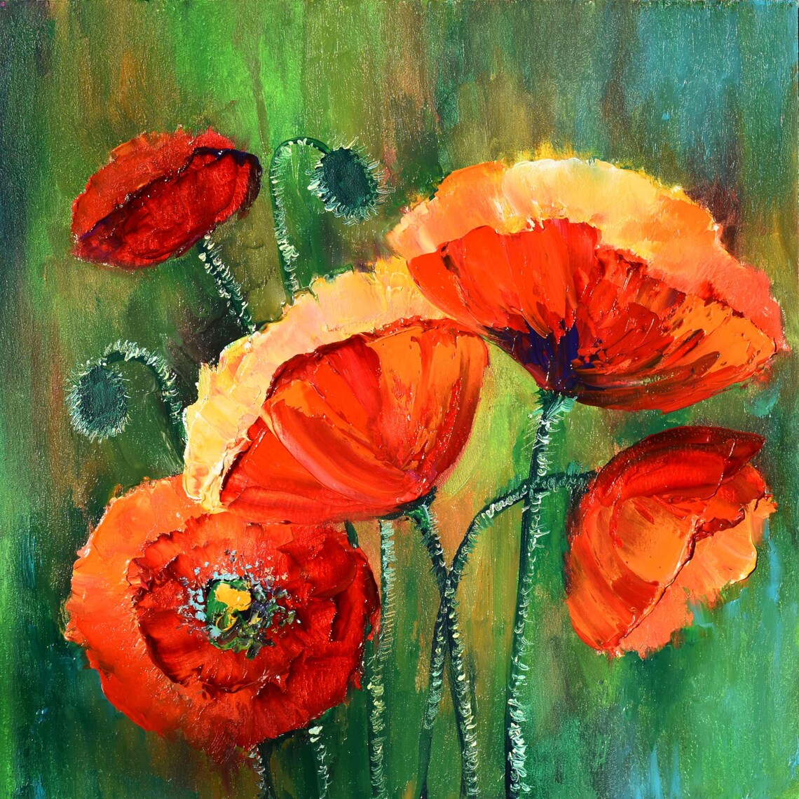 Red Orange Poppies Green Field Impasto Brush Flower Oil Wall Art