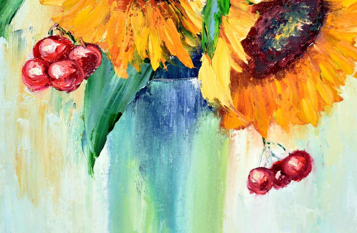 Orange Flowers Sunflower Interior Palette Knife Art Sunflower Wall Art Yellow Sunflower Art Yellow Flower Art Oil Art Abstract Flower Art - Image 2