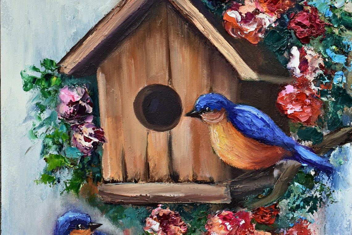 Birds Painting Birds Art Bird Oil Painting Birds Art Work Floral Painting Original Art Bird Birds Nest Art Bright Bird Art Painting Of Flowe - Image 3