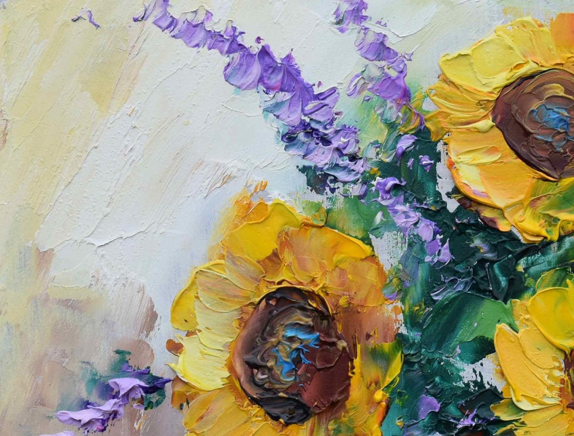 Sunflower Painting Small Wall Art Still Life Painting Yellow Flower Art Impasto Oil Painting Sunflower Wall Art Impasto Flowers Basket With - Image 3