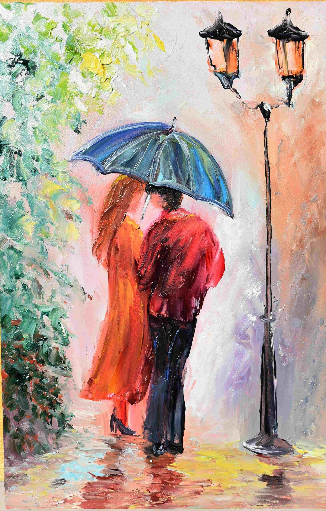 Romantic Couple Blue Umbrella Lamppost Rainy Evening Painting Poster - Image 2