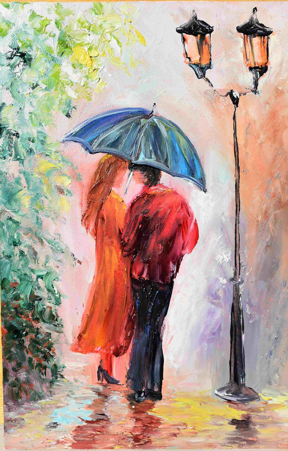 Street Painting Cityscape Painting People In Love Art Umbrella Landscape Oil Art Couple In Love Art Love Wall Art Original Oil Art Impress - Image 2