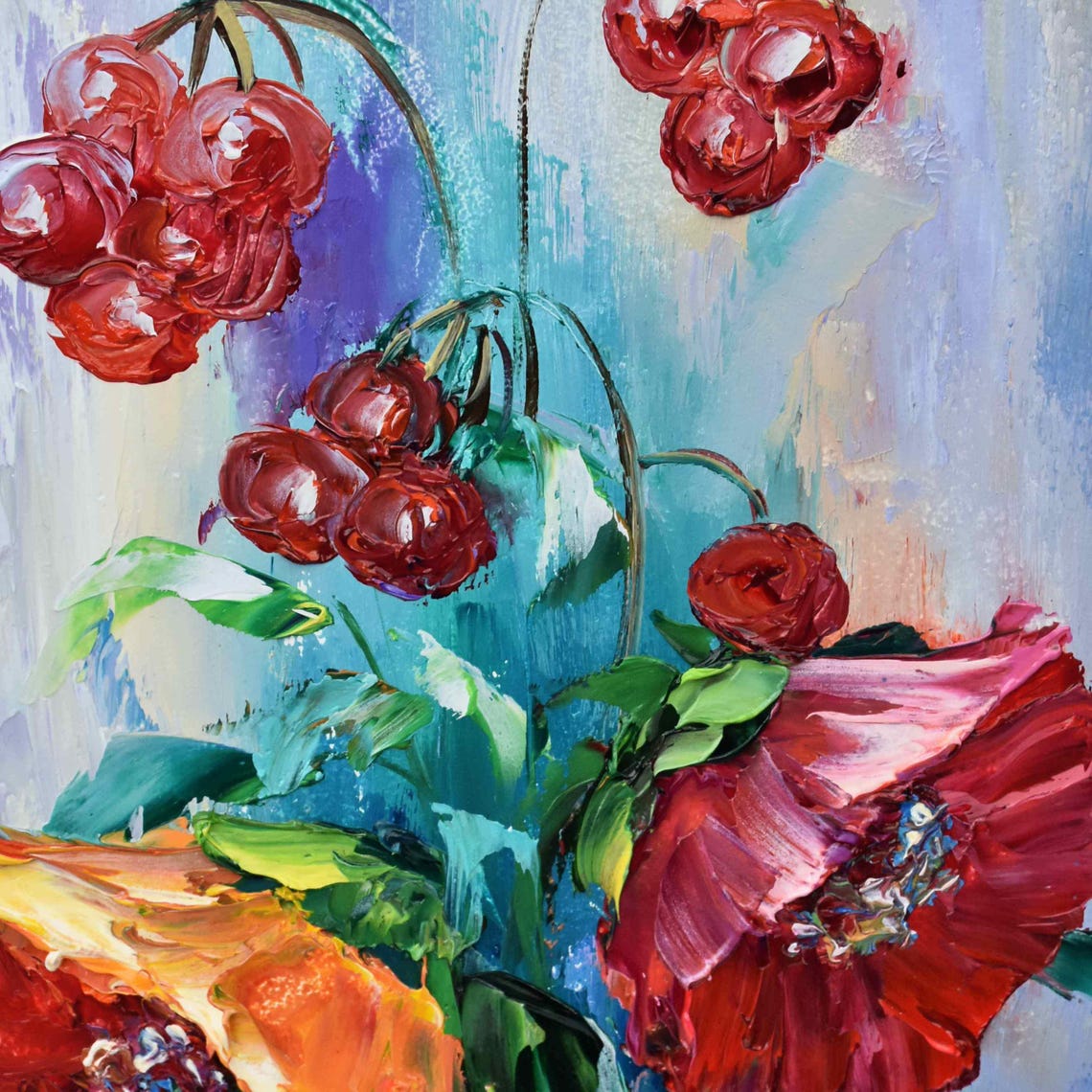 Poppy Oil Painting Meadow Painting Floral Oil Painting Ukrainian Art Poppy Flower Art Landscape Painting Red Berries Art California Poppies - Image 5