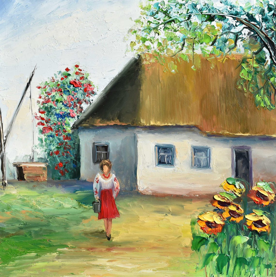 Rural House Art Ukraine Art Summer Landscape Art Landscape Painting Ukrainian Girl Art Yellow Flowers Art Well Landscape Art Palette Knife