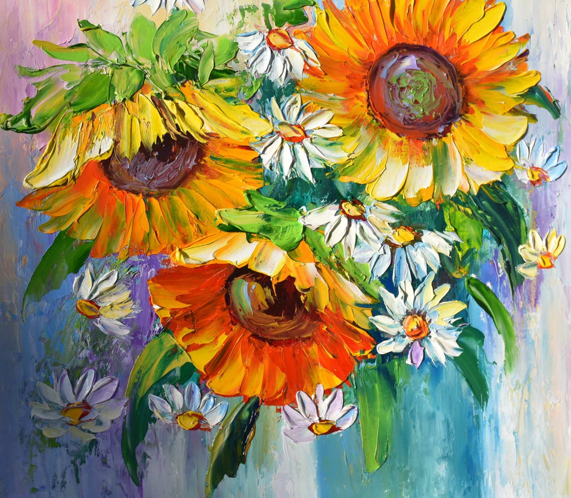 Sunflowers Oil Art Sunflowers Painting Daisies Painting Impasto Painting Floral Artwork Oil Art Yellow Flower Art Chamomile Still Life