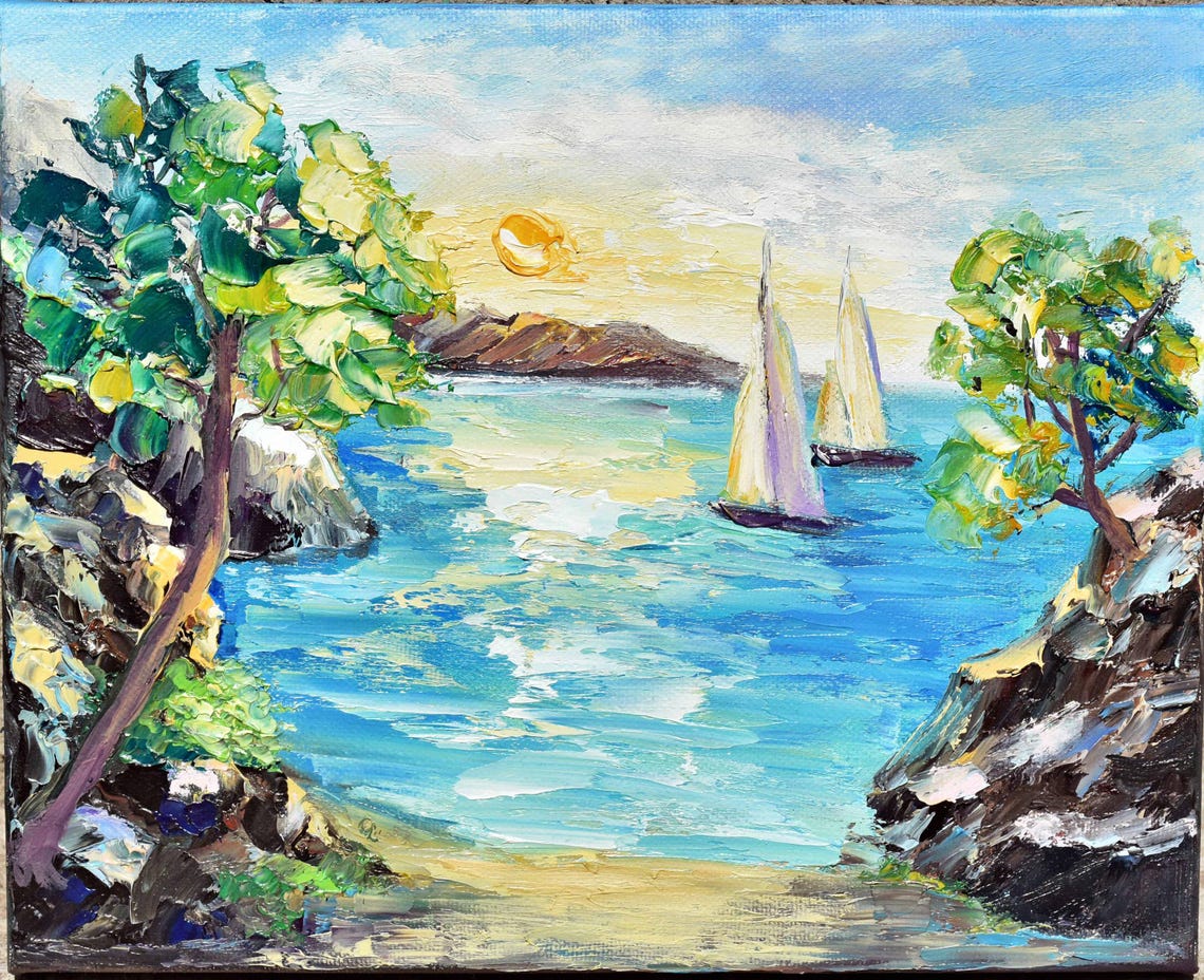 Sailboats Turquoise Bay Sunset Rocky Coast Impasto Seascape Poster - Image 4