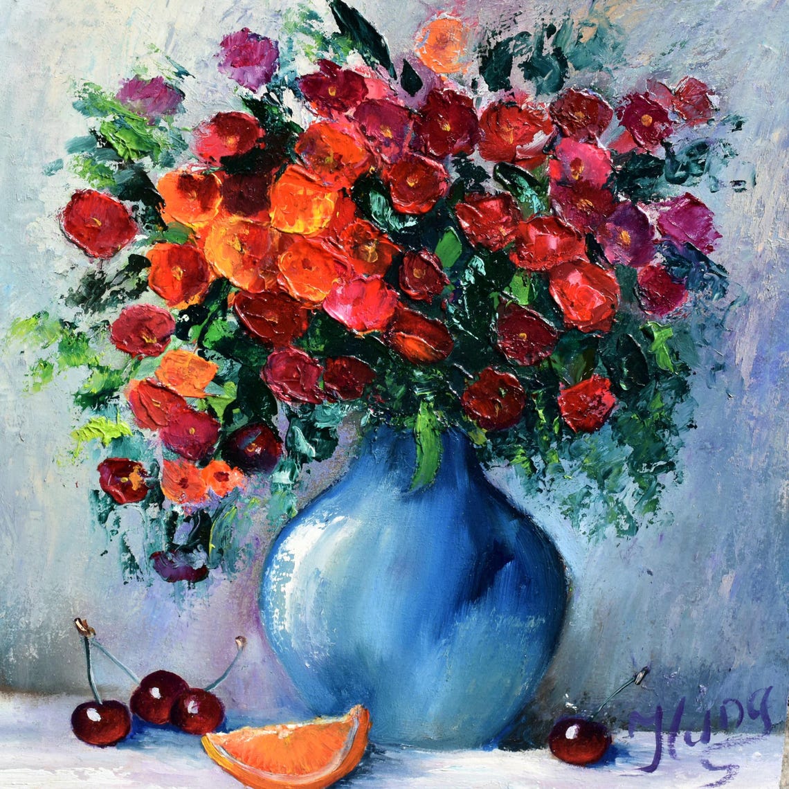 Red Wildflowers Still Life Art Berries Art Flowers Red Flowers Art Red Wildflowers Oil Painting Kitchen Food Art Palette Knife Art Flower